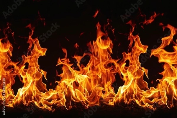 Fototapeta Close-up, Burning fire isolated on dark backdrop, seamless background