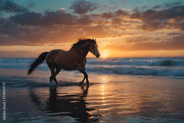 Fototapeta A brown horse at beach at sunset