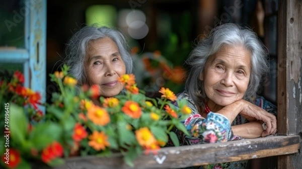 Obraz a couple of women sitting next to each other on a window sill with flowers in the window sill.