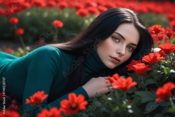 Fototapeta A beautiful young woman lying in a majestic red flowerbed