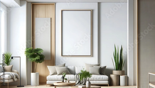 Fototapeta Wooden Frame mockup, Vintage, Art modern living room, Wall art and poster, Interior mockup. Modern interior design