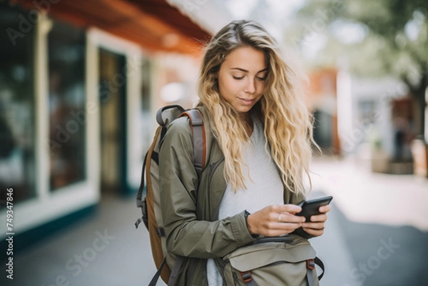 Fototapeta A young woman with blonde hair is focused on her smartphone as she strolls along a city sidewalk. She is dressed casually with a white top and a green jacket, and carries a backpack, suggesting she mi