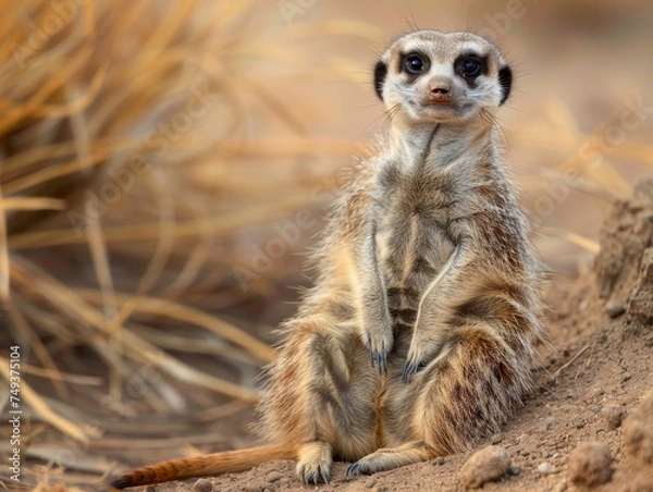 Fototapeta A solitary meerkat sits on the ground, observing its surroundings intently.