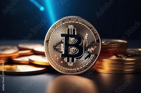 Fototapeta Trading, chart, bitcoin, money, rich. Close-up bitcoin coin with flying coins. Bitcoin Crypto currency Gold BTC Bit Coin close up of Bitcoin coins isolated. Blockchain technology, bitcoin mining