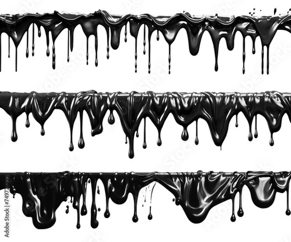 Fototapeta Set of long Wave black liquid paint splash melting dripping on transparent background cutout, PNG file. Many assorted different design. Mockup template for artwork graphic design