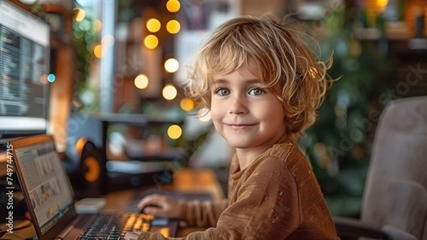 Fototapeta Young coder with a laptop In the workplace, write code. Enjoy yourself.