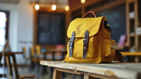 Fototapeta A student's yellow school bag is on their desk in the classroom. 