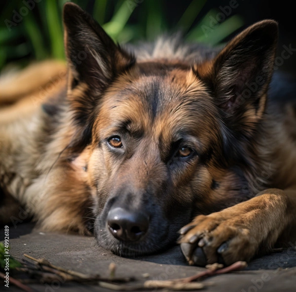 Fototapeta A dog lying down, soft-focus portrait.