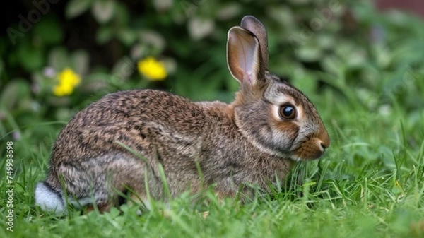 Fototapeta A brown rabbit sits on the grass, enjoying its surroundings.