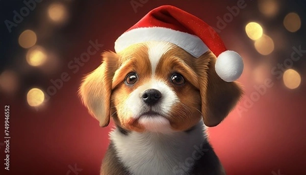 Fototapeta christmas and new year greeting card dog in a santa claus hat isolated on red background