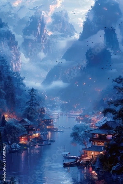 Fototapeta An enchanting digital art depicting an ancient village nestled amidst towering mountains and a serene river under a twilight sky