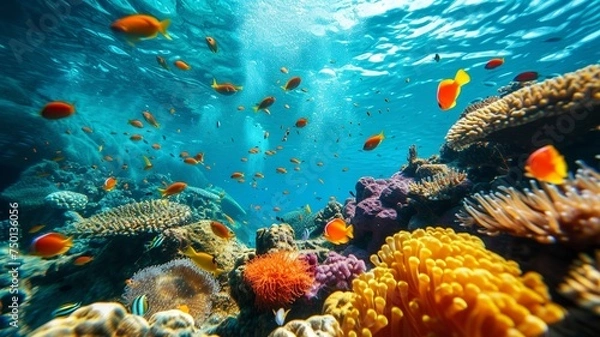 Fototapeta artificial intelligence image of a coral reef, with beautiful colors and even more beautiful wildlife and fish