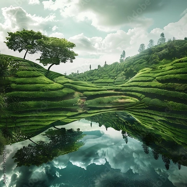 Fototapeta A creative composition featuring tea plantation scenery.