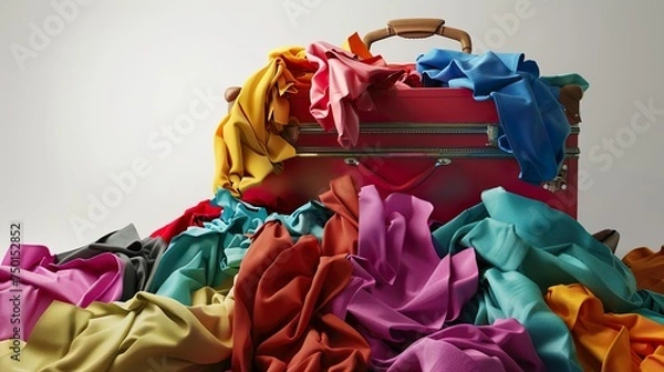 Obraz packing conundrum: an overflowing vintage suitcase under a mountain of laundry