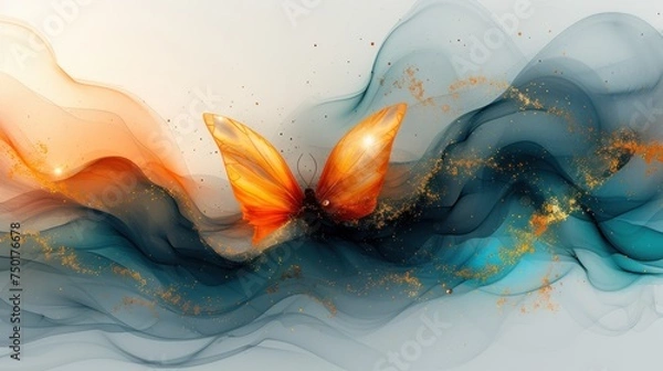 Fototapeta  a digital painting of a gold butterfly on a blue, white, and yellow wave of smoke with gold flecks and glitters on it's edges.