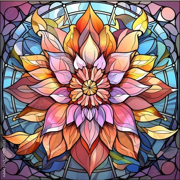 Fototapeta Illustration in stained glass style with abstract floral ornament on a dark background, Ai Generated