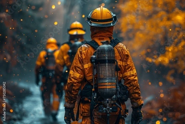 Fototapeta A lone firefighter with protective gear walks towards a forest fire, surrounded by smoke and embers in the air