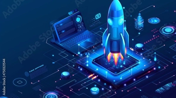 Fototapeta 3d render rocket launch on computer laptop. new business start-up ideas. learning knowledge creativity. business success concept. 3d rendering illustration cartoon minimal style.