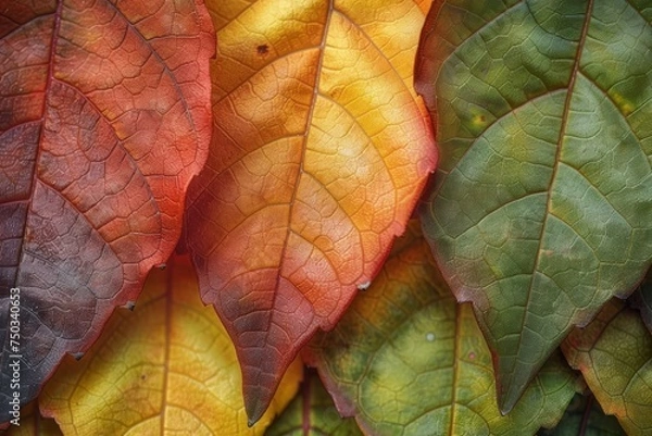 Fototapeta A close up of a leaf with a yellow and green leaf on top of it