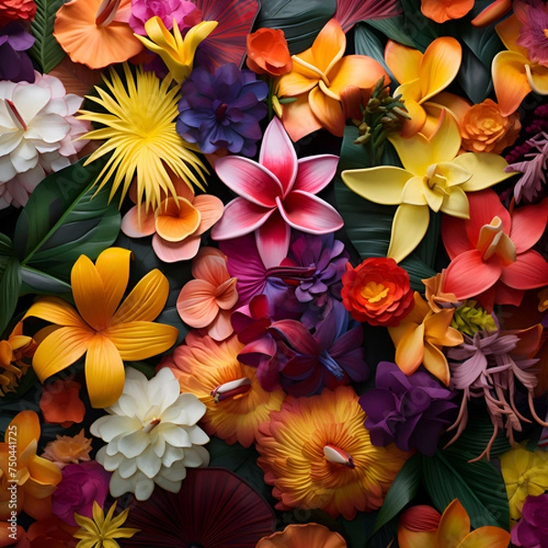 Fototapeta Top view of colorful tropical flowers background. Flat lay. top view.