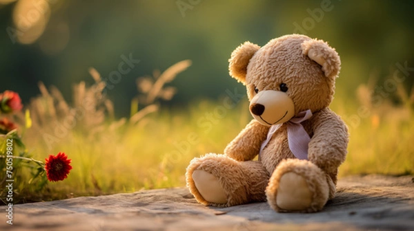 Fototapeta Adorable teddy bear sitting alone in golden sunset light