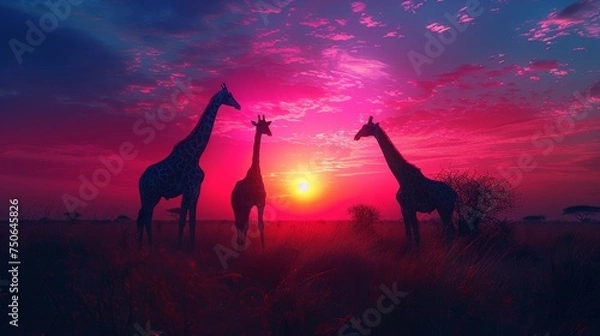 Fototapeta Giraffes Silhouetted Against a Colorful Sunset: Graceful giraffes silhouetted against a vibrant, multicolored sunset on the African savannah.