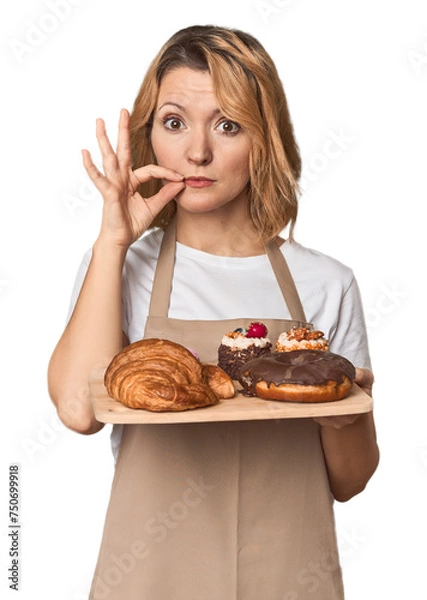 Fototapeta Middle-aged Caucasian woman baker with pastries with fingers on lips keeping a secret.