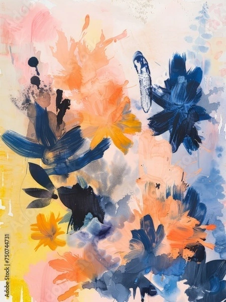 Fototapeta An abstract painting showcasing vivid blue and yellow flowers with dynamic brushstrokes, creating a visually striking and colorful composition.