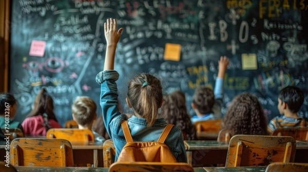 Fototapeta Classroom Full of Children Raising Their Hands