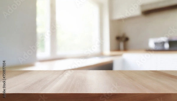 Fototapeta Grunge natural wooden table top with copy space for product advertising over blurred kitchen background at home
