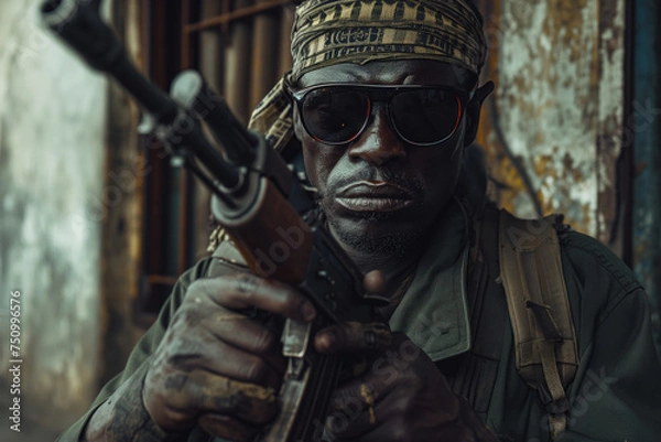 Fototapeta Man with headband and sunglasses holding up a rifle, intense expression.