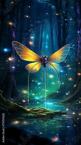 Fototapeta Abstract and magical image of Firefly flying in the night forest