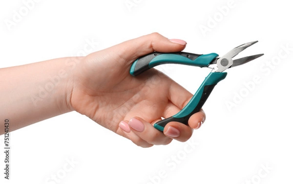 Fototapeta Woman with bent nose pliers on white background, closeup