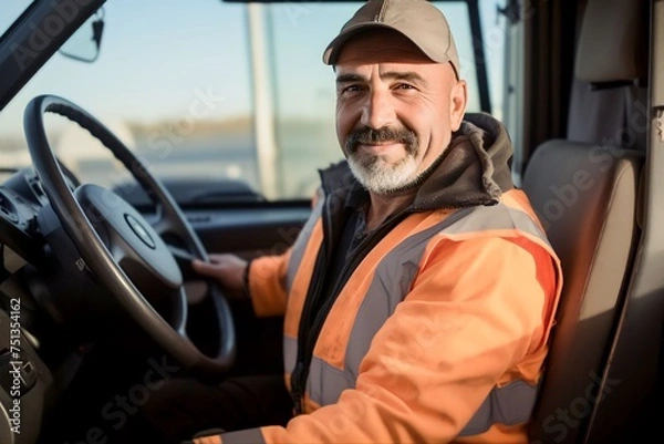 Obraz Happy mature truck driver driving his truck on a sunny day