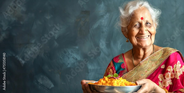 Fototapeta An old Indian lady holding a plate with Chole Bhature