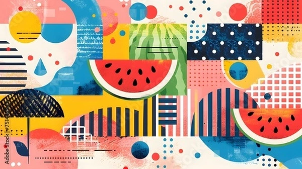 Fototapeta Minimalistic Delight: Geometric Watermelon Slice on Polka Dot Background