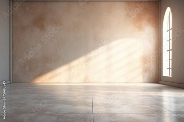 Fototapeta Warm light in empty room with plaster wall and arched window