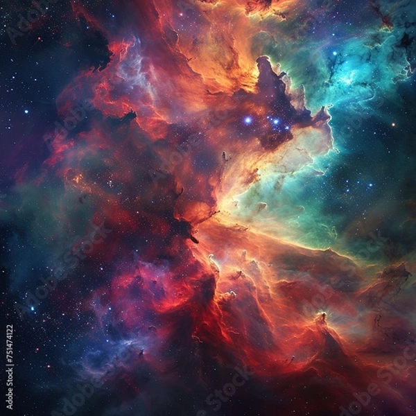 Obraz Visually stunning image, high contrast with deep blacks that make colors pop, in the heart of a vibrant multicolored nebula. Galaxy with colorful nebula, shiny stars and heavy clouds