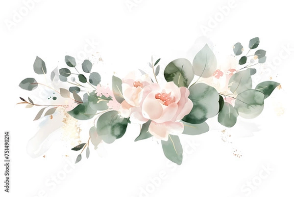 Fototapeta Watercolor floral bouquet with eucalyptus and pink gold  elements isolated on white background 