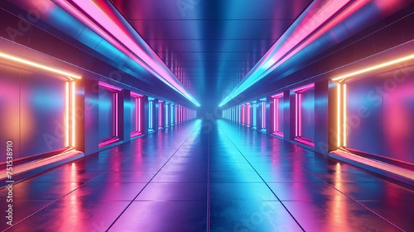 Fototapeta 3d render of a futuristic corridor with neon lights in the dark