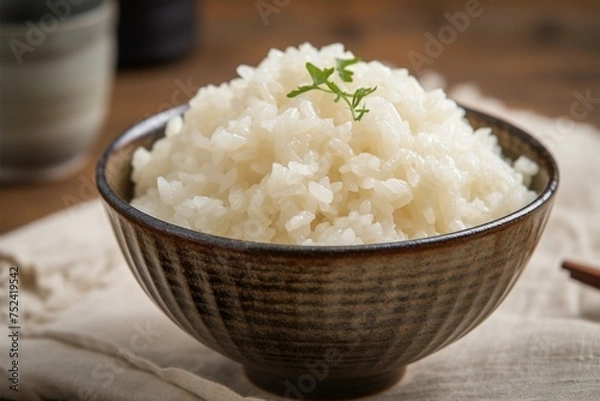 Fototapeta Closeup view bowl of cooked rice showcased on kitchen table