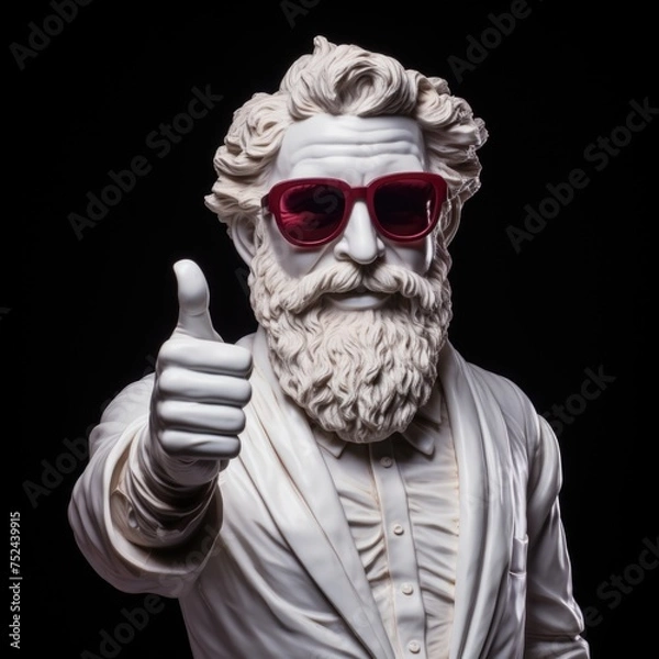 Fototapeta Happy smiling Greek white plaster statue with beard, wearing business suit and blue sunglasses, thumb up. on dark background