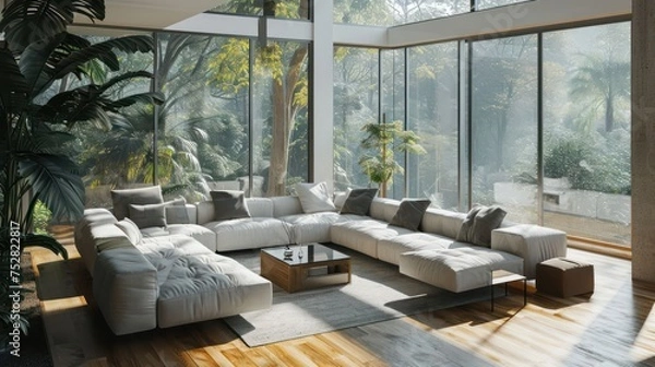 Fototapeta the contemporary sophistication of a modular sofa ensemble under the natural light of large windows, establishing a bright and cozy setting