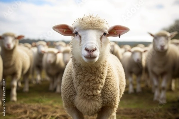 Fototapeta Serene Gaze of a Young Sheep in Golden Pastoral Light - Generative AI