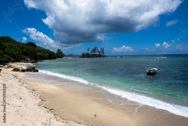 Fototapeta panoramic view from a drone of the sea bays and beaches on a sunny day of the Seychelles islands