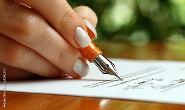 Fototapeta A business person signing contract at a desk with a pen and papers