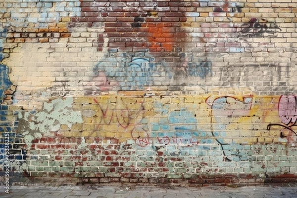 Fototapeta An old grungy brick wall with graffiti art adding an urban feel