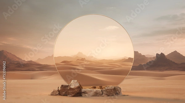 Fototapeta Golden Horizon: A mesmerizing scene unfolds as the sun sets over the tranquil desert, casting warm hues on mountains and creating a breathtaking sky with vivid oranges and reds, blending nature's beau