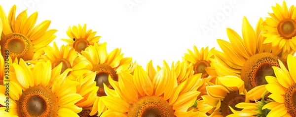 Obraz Vibrant sunflower border isolated on transparent background, bright yellow petals, copy space.