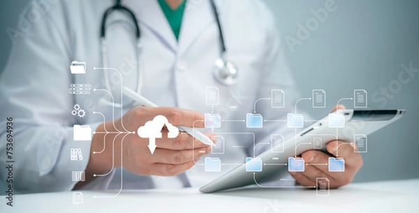 Fototapeta A medical worker use electronic connection server data base patient for technology treatment in hospital.Technology and access information, database, storage, Digital link tech, big data concept.